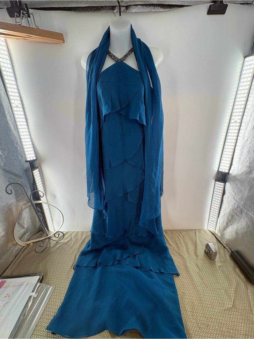 Alexander by Daymor 3451 Tiered Chiffon Gown Beaded Halter & Scarf Blue Size 12